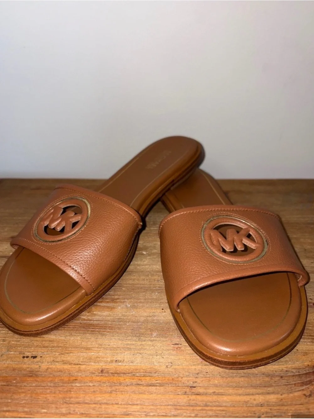 Michael Kors Cognac Brown Leather Logo Slide Sandals